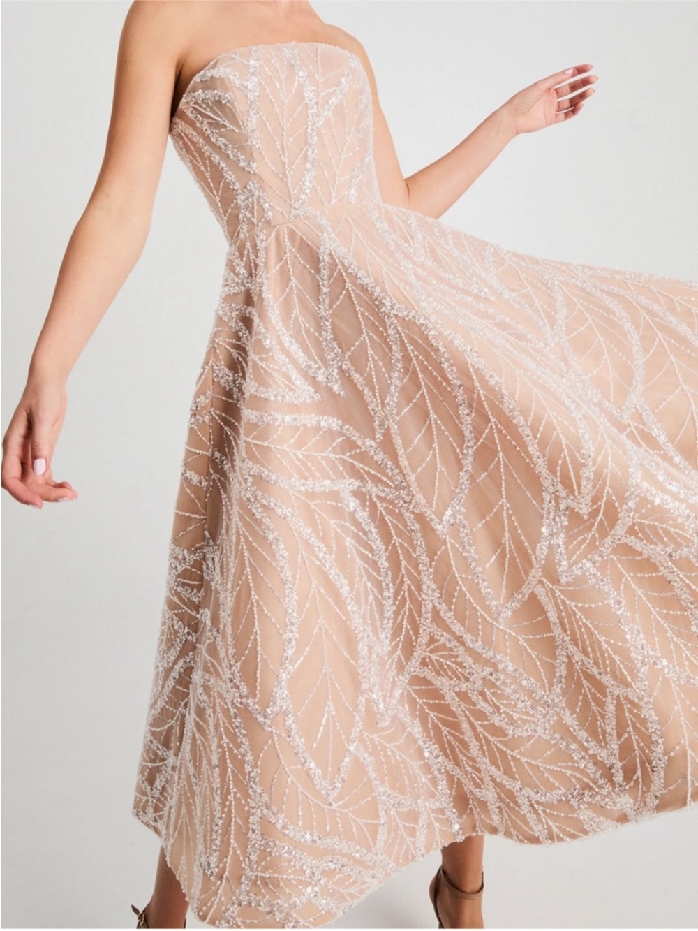 Strapless Embroidered Midi Dress in Nude - Picture 4 of 15